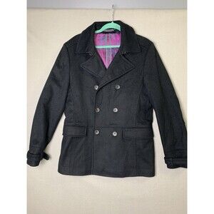 Ted Baker Double Breasted Coat Woman Sz 3 Black W/Purple Deer Lining Wool Blend